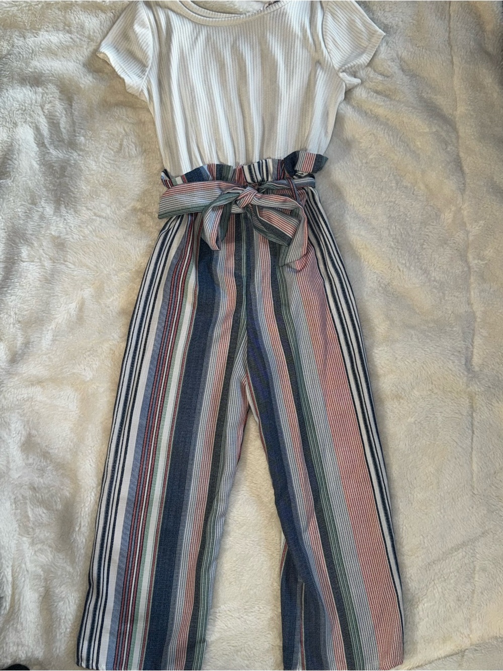 Love Squared Striped Paperbag-Waist Wide Leg Jumpsuit - Navy, Pink, Green